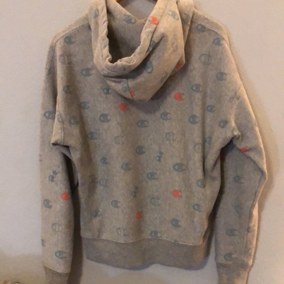 Champion Hoodie Sweatshirt M Gray Reverse Weave All Over Print Logo Y2K Vintage - Picture 5 of 5
